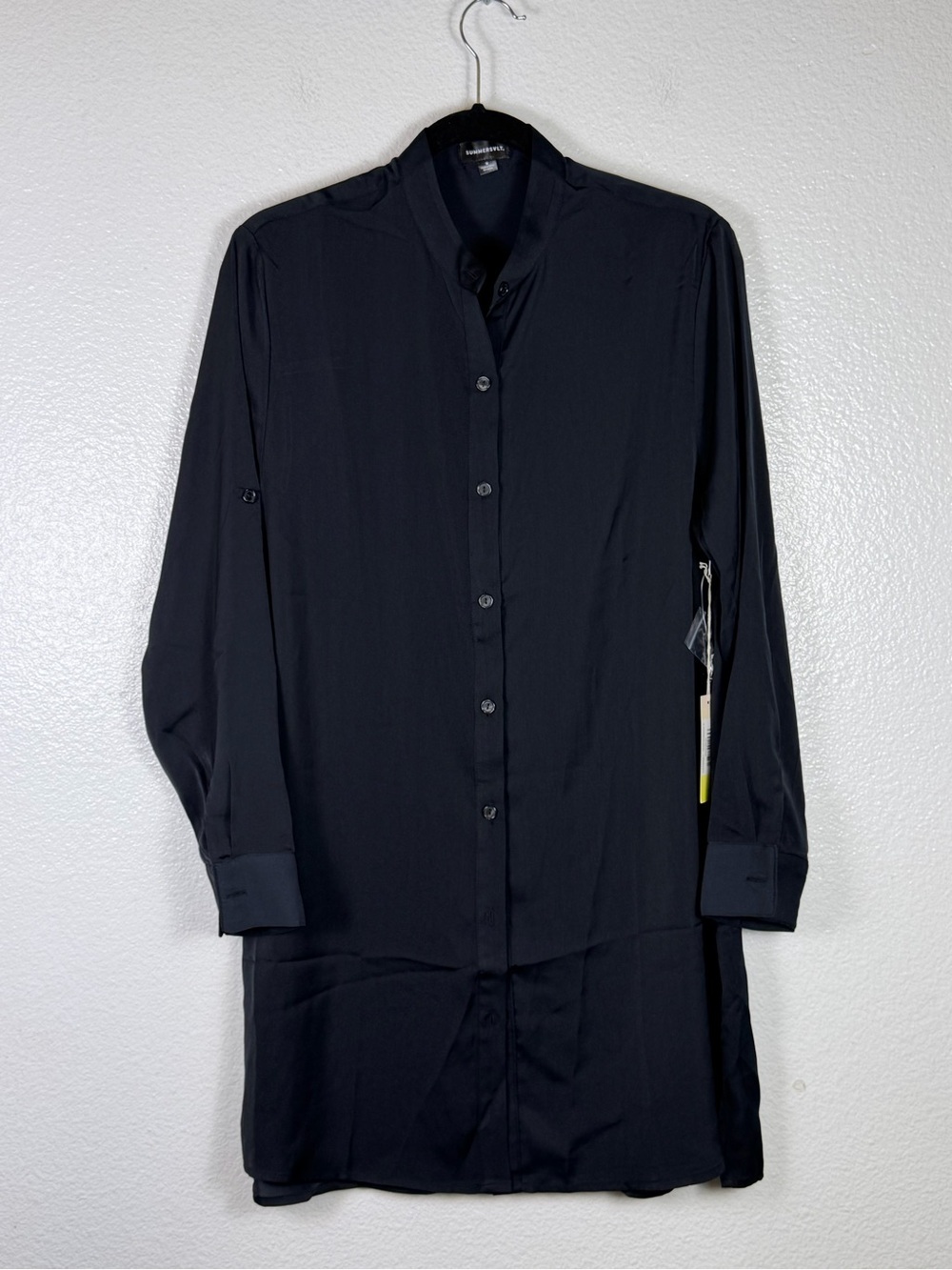 Summersalt Button-Up Shirt Dress Black Solid Collared Size M Regular Long Sleeve